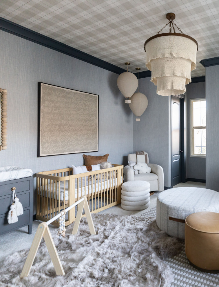 Nursery Boy Room - THIS ADORABLE NURSERY GOT A FULL MAKEOVER WITH ADDED WALLPAPER ON WALLS + CEILING DETAIL.  WE ALSO ADDED LUXE FURNISHINGS TO COMPLIMENT THE ART PIECES + LIGHTING