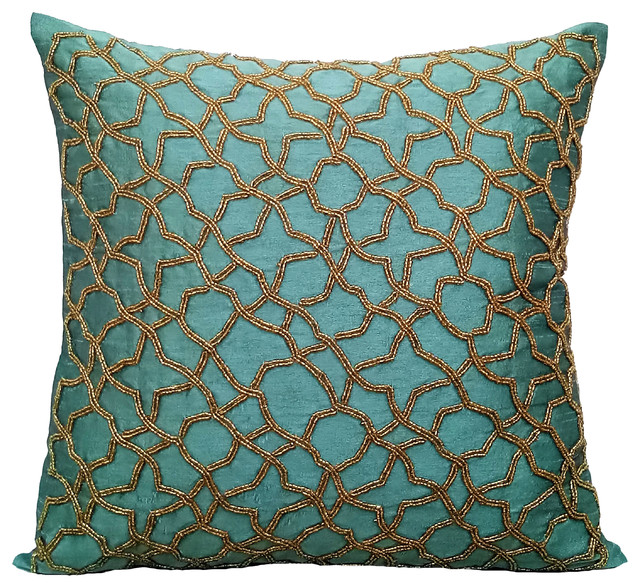 Blue Decorative Pillow Covers 22"x22" Silk, Teal Geometry