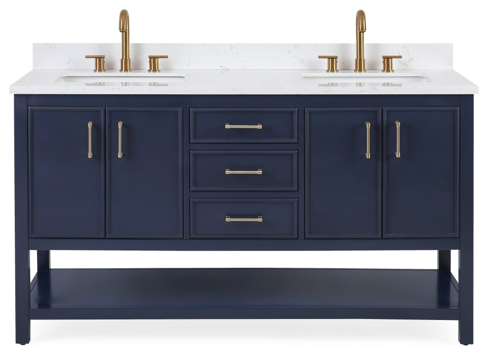 Tennant Brand Single Sink Vanity, Felton, Navy Blue, 60'', Fairy White Quartz