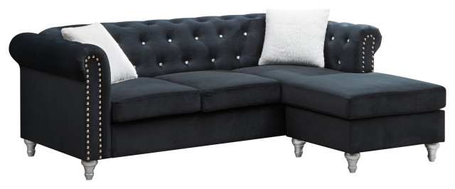 Raisa Tufted Velvet Sofa Chaise, Black Velvet Sofa With Chaise
