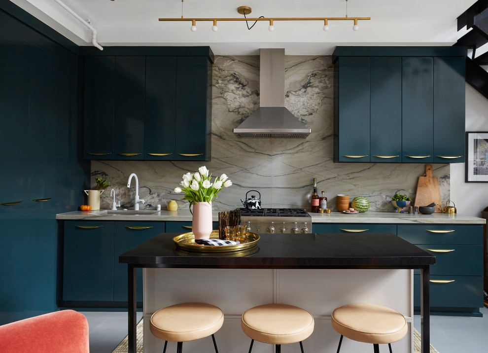 Inspiration for a small contemporary l-shaped eat-in kitchen in Los Angeles with an undermount sink, flat-panel cabinets, blue cabinets, quartzite benchtops, grey splashback, stone slab splashback, stainless steel appliances, concrete floors, with island, grey floor and grey benchtop.