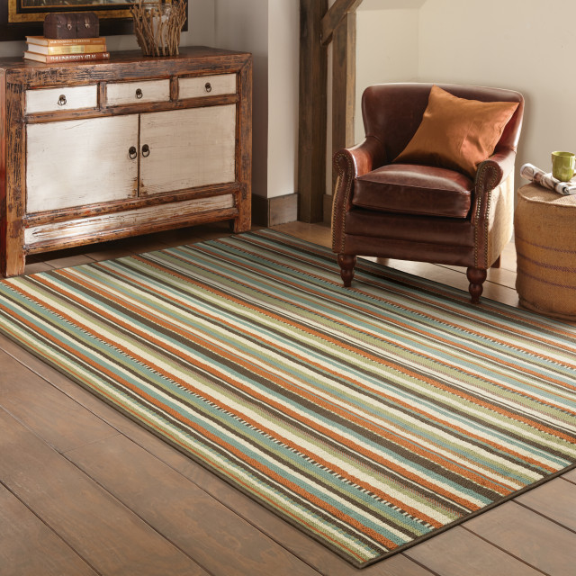 Malibu Indoor and Outdoor Striped Green and Blue Rug, 6'7"x9'6