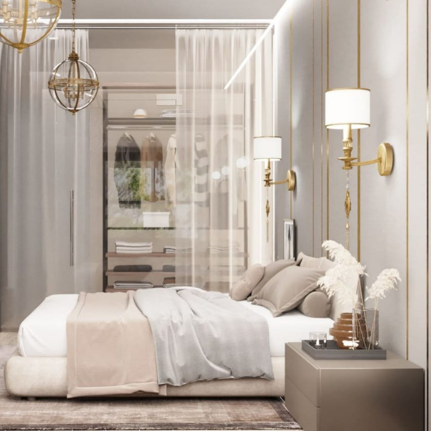 Idée de décoration pour une chambre parentale design de taille moyenne avec un mur marron, parquet clair, un sol beige et du lambris.