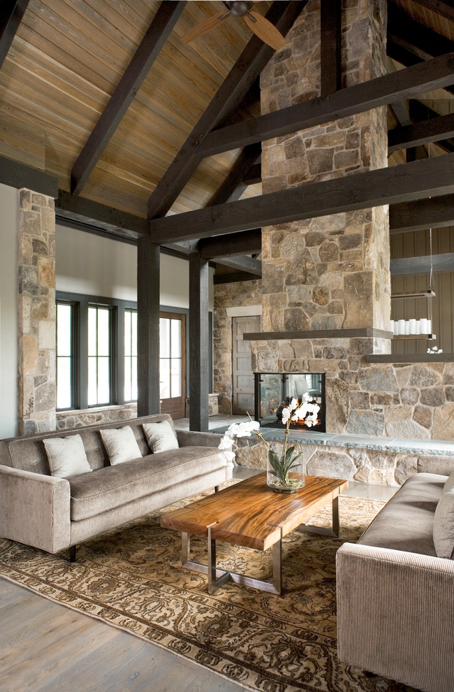 Inspiration for a large contemporary formal open concept living room in Other with beige walls, light hardwood floors, a standard fireplace, a stone fireplace surround, no tv and beige floor.