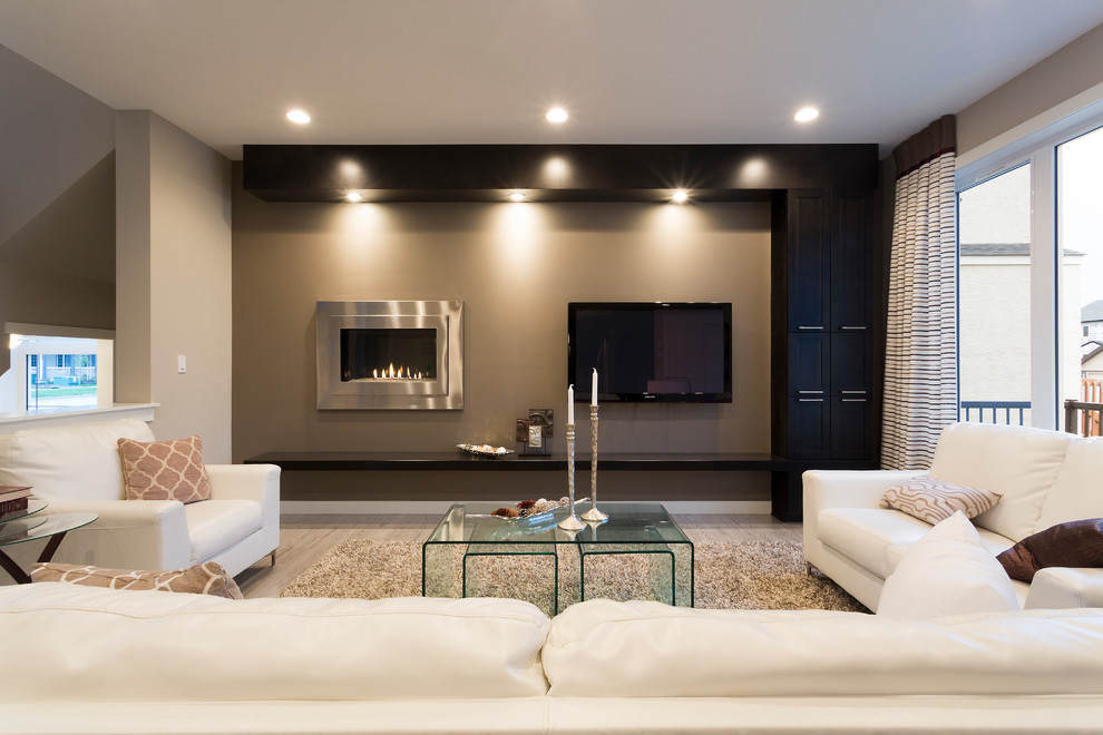 Design ideas for a small contemporary open concept family room in Other with grey walls, vinyl floors, a ribbon fireplace, a metal fireplace surround and a wall-mounted tv.