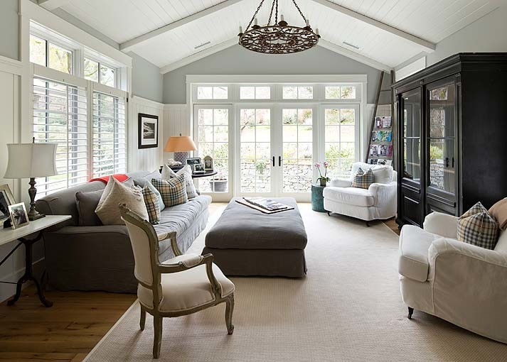 Design ideas for a large country enclosed family room in San Francisco with grey walls, dark hardwood floors, no fireplace, no tv and brown floor.