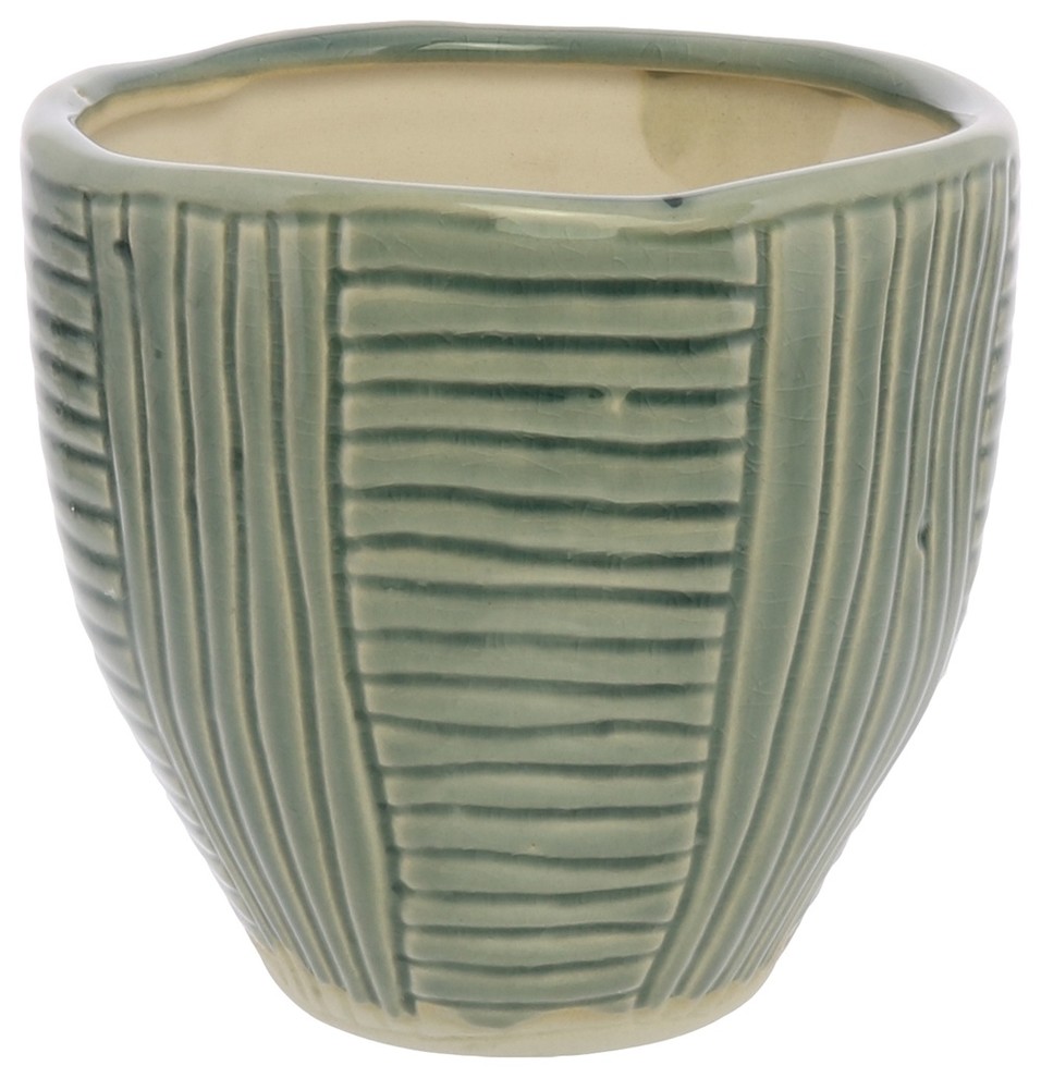 Elegant Light Teal Blue Green Cachepot Set 2 | Ceramic Striped Graphic Geometric