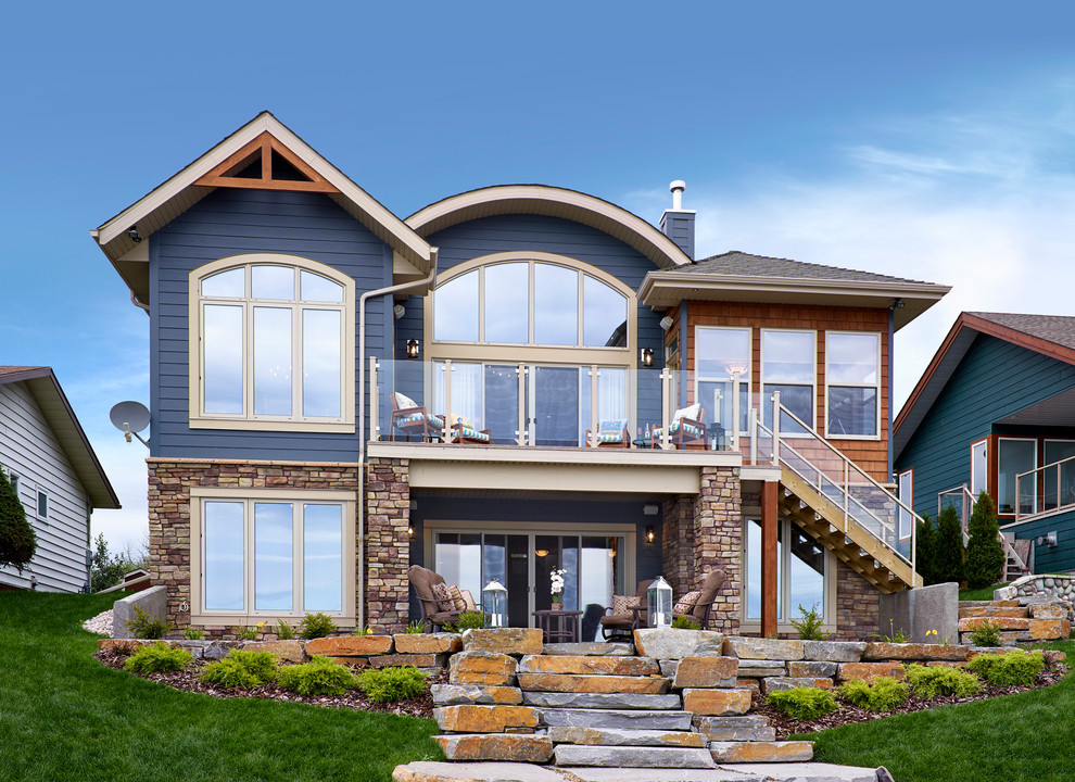 Transitional two-storey blue exterior in Edmonton.