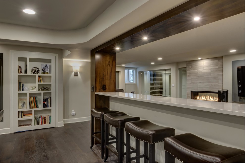 Expansive contemporary look-out basement in Denver with grey walls, dark hardwood floors, a ribbon fireplace, a tile fireplace surround and brown floor.