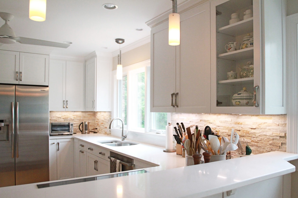 Inspiration for a mid-sized transitional u-shaped eat-in kitchen remodel with flat-panel cabinets, white cabinets and a peninsula