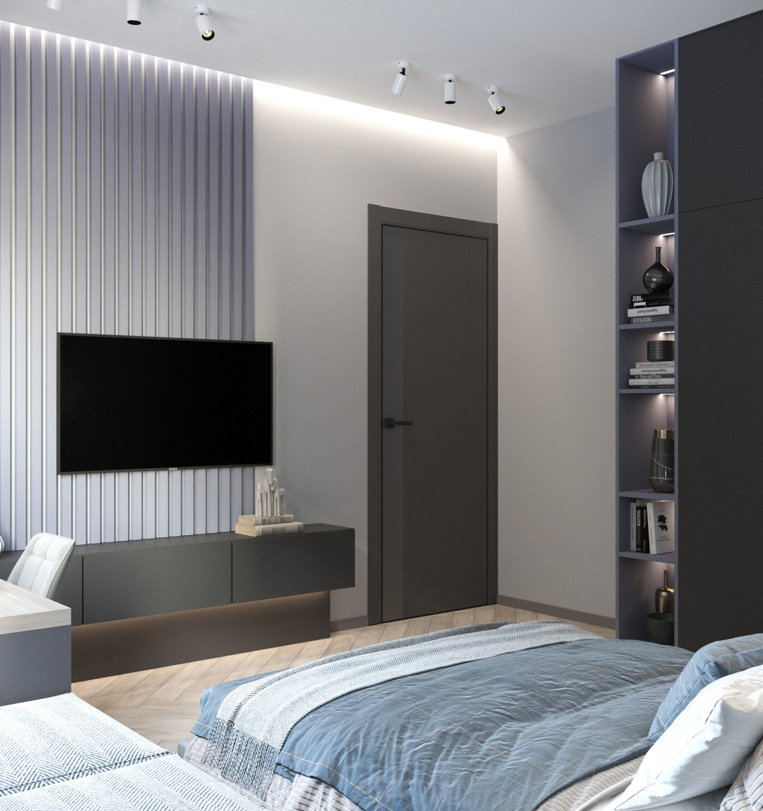 Просторная квартира в синими стенами