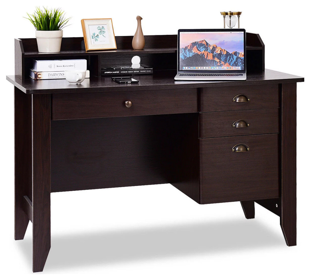 Traditional Desk, Spacious Top With Raised Shelf & Cable Management Hole, Brown