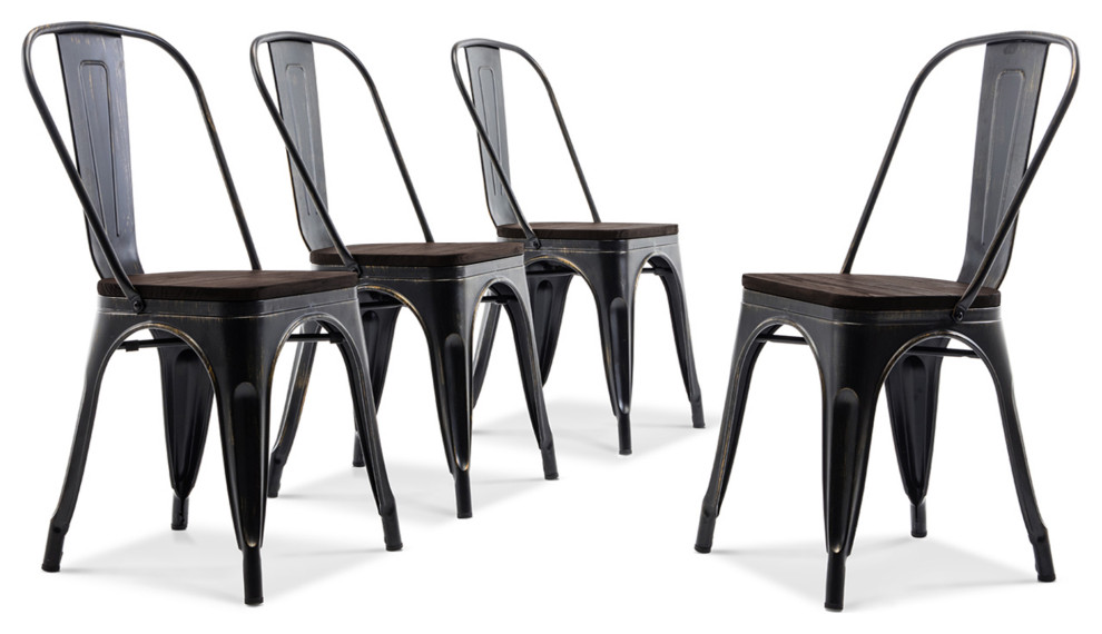 Wood Seat Metal Dining Chairs, Set of 4, Antique Black