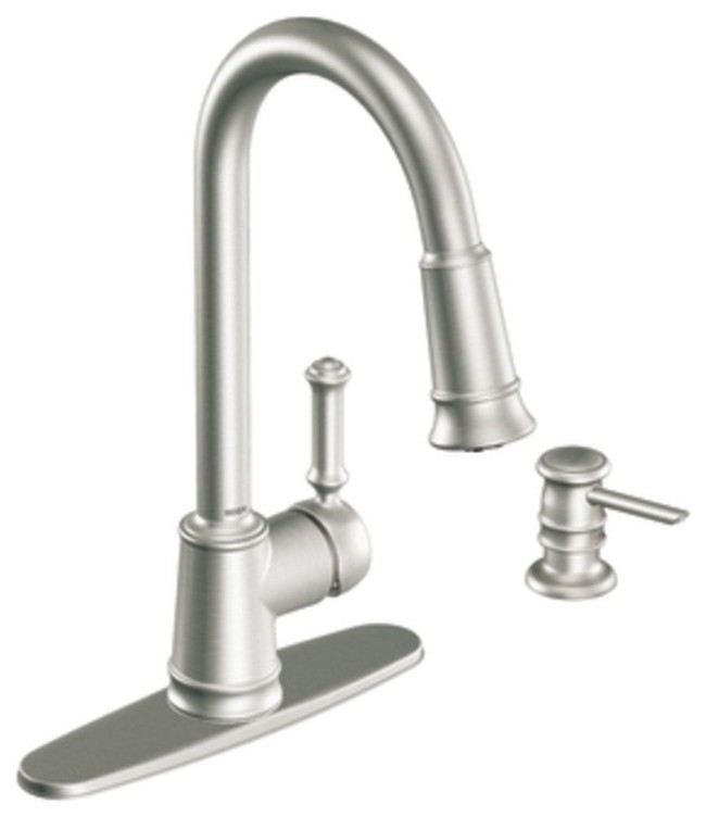 Moen 87012SRS Lindley Single Handle Pullout Kitchen Faucet with Soap Dispenser i
