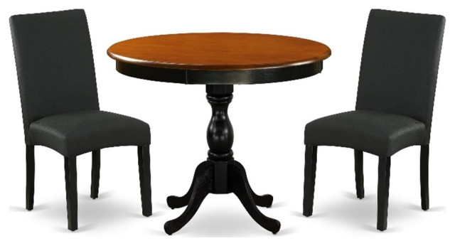 AMDR3-BCH-24 Round Dining Table and 2 Black Linen Fabric Chairs - Black Finish - Transitional ...