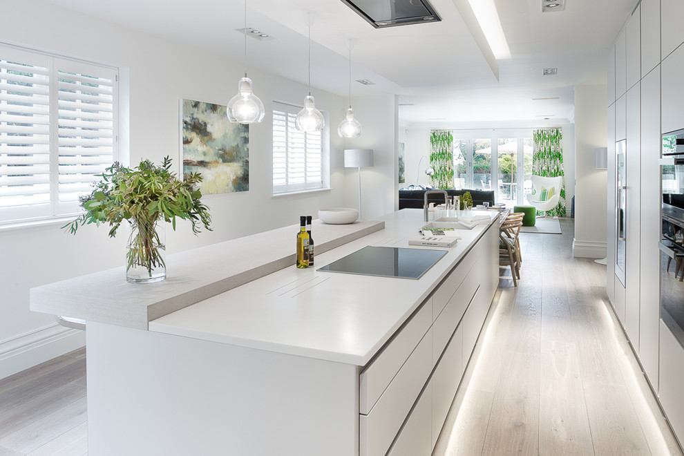 Photo of a large contemporary galley eat-in kitchen in Other with a double-bowl sink, flat-panel cabinets, white cabinets, solid surface benchtops, black appliances, light hardwood floors and with island.