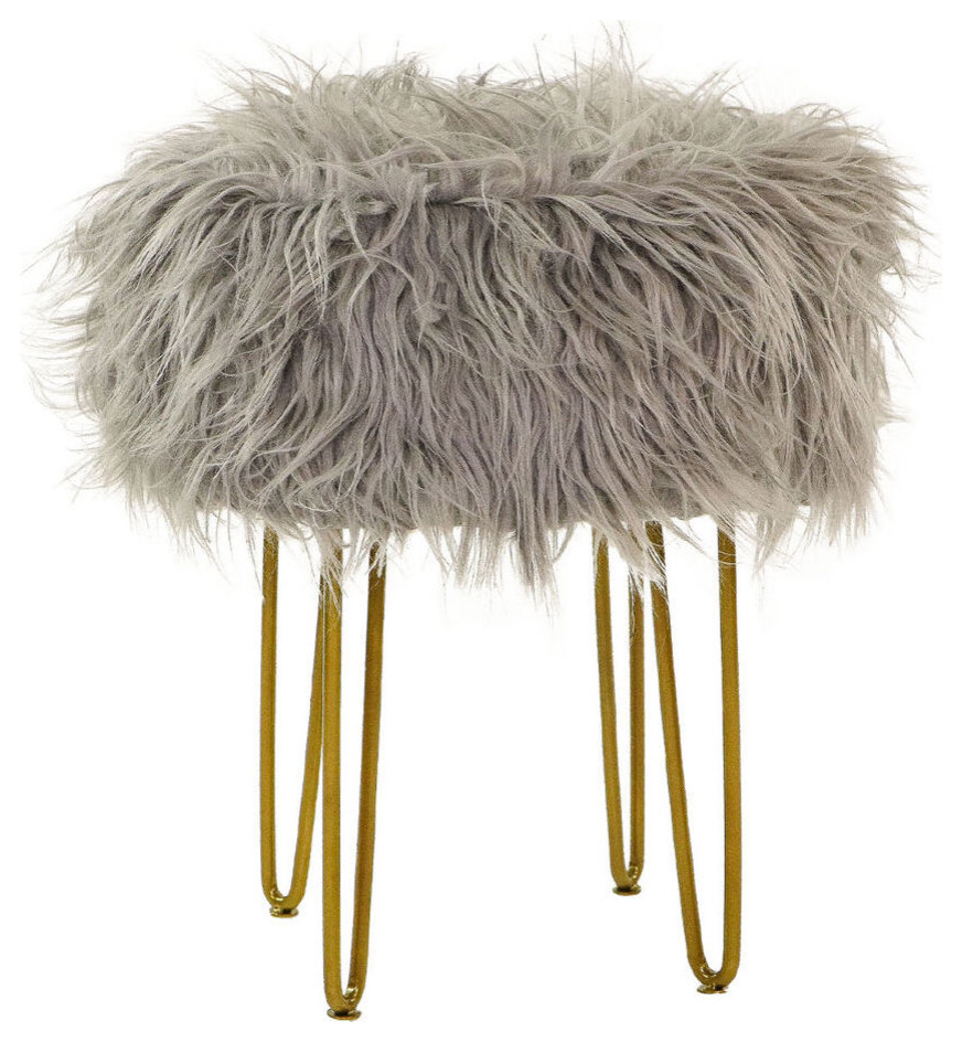 Gray FauxFur Vanity Stool With Gold Base Midcentury Vanity Stools