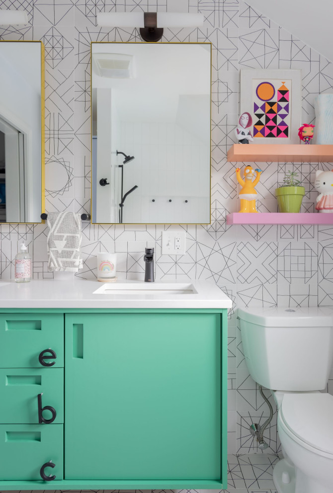 This is an example of a small scandinavian kids bathroom in Boston with recessed-panel cabinets, green cabinets, an alcove tub, an alcove shower, a two-piece toilet, white tile, white walls, ceramic floors, an undermount sink, engineered quartz benchtops, white floor, a shower curtain, white benchtops, a double vanity, a floating vanity and ceramic tile.
