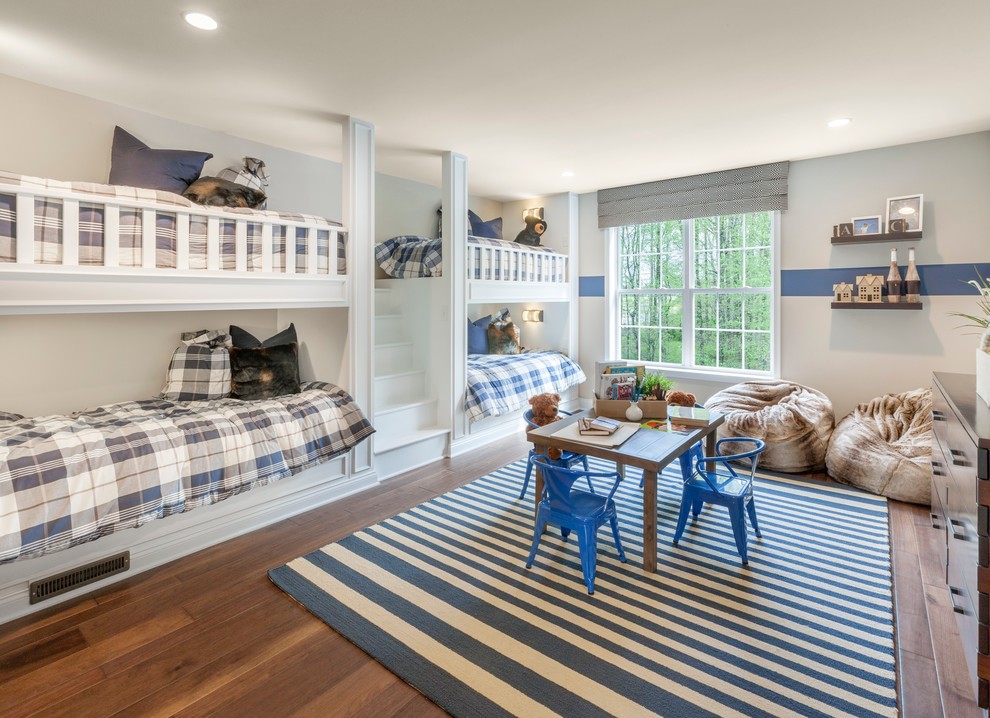 Inspiration for a transitional kids' bedroom for boys in Philadelphia with grey walls and dark hardwood floors.