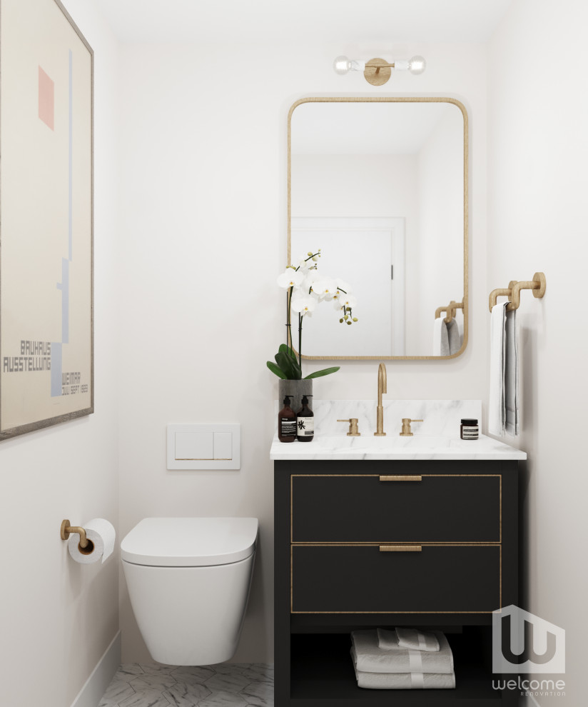 Aménagement d'un petit WC suspendu avec un placard en trompe-l'oeil, des portes de placard noires, un carrelage blanc, un mur blanc, un sol en marbre, un lavabo encastré, un plan de toilette en marbre, un plan de toilette blanc et meuble-lavabo sur pied.