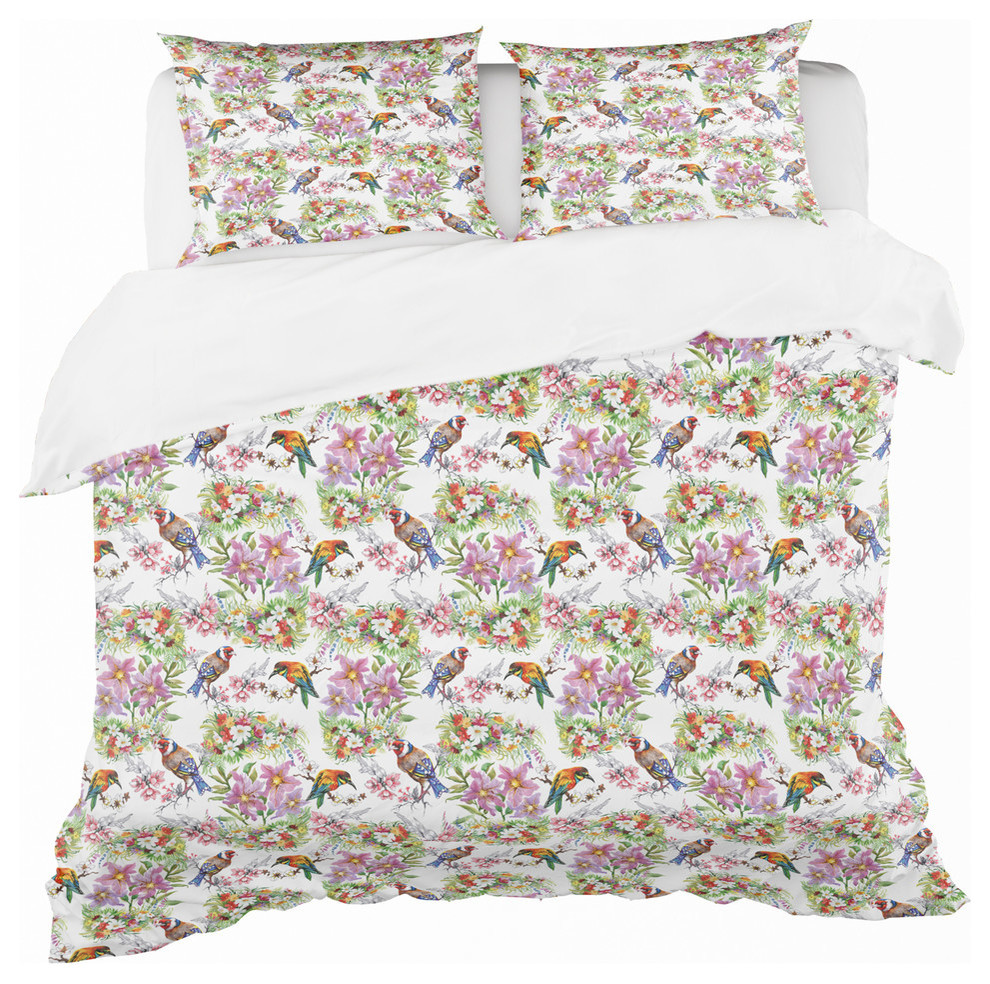 Pattern With Flowers And Birds Cabin And Lodge Duvet Cover Set