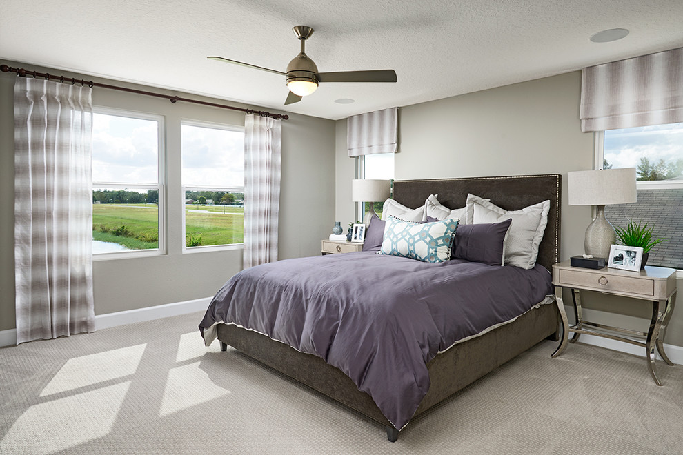 Inspiration for a contemporary master bedroom in Denver with grey walls, carpet, no fireplace and grey floor.
