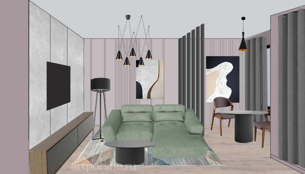 Концепция кухни-гостиной для молодого человека