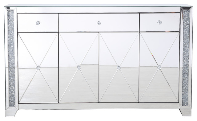 Caesar Crystal Mirrored Credenza Silver Finish Contemporary