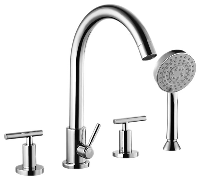 Arched Tubular Spout Chrome Two Handle Roman Tub Faucet and Hand Shower