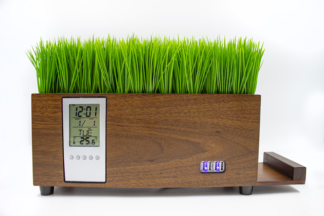 4-Port USB Charging Station with LCD Clock and Lifelike Grass, Natural Finis