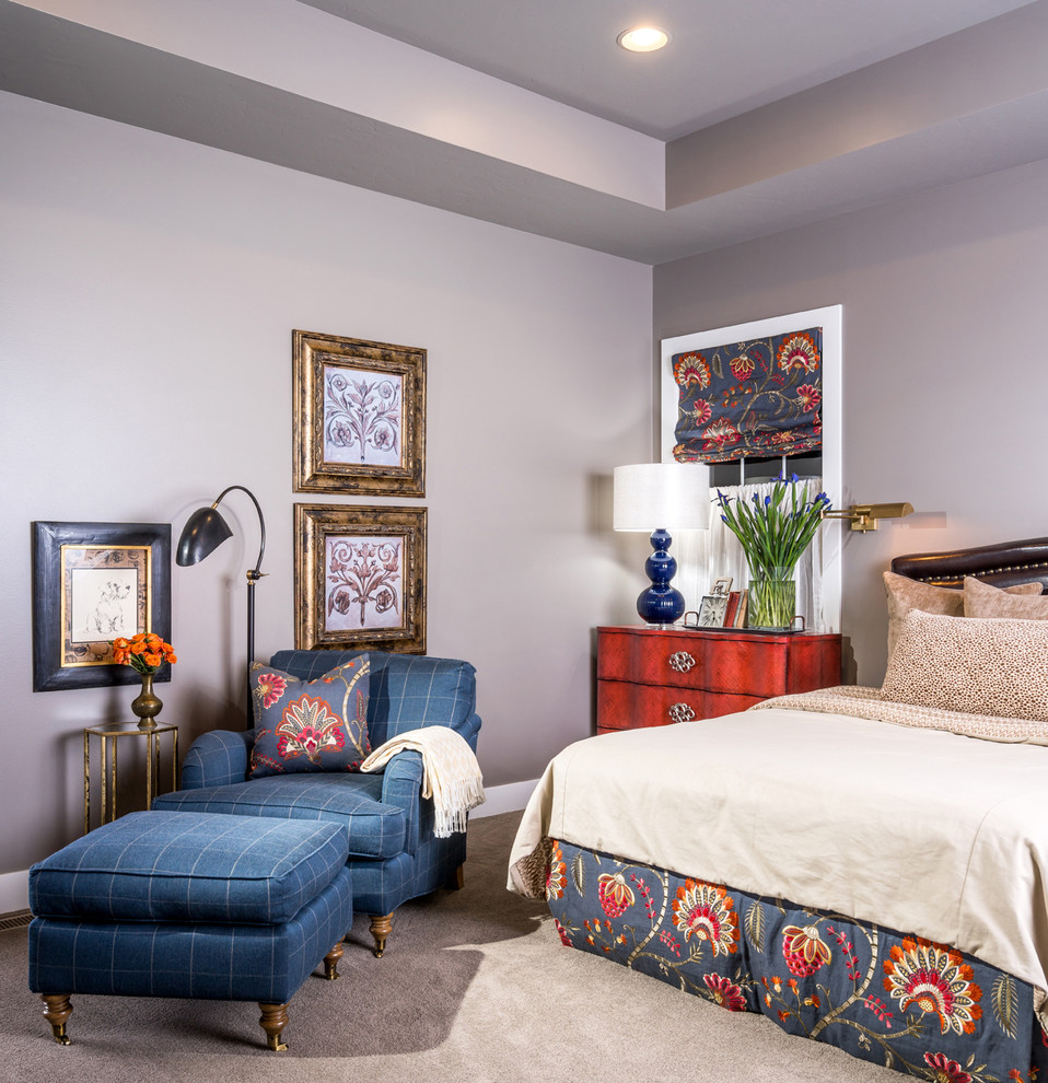 This is an example of a mid-sized traditional master bedroom with grey walls, carpet and grey floor.