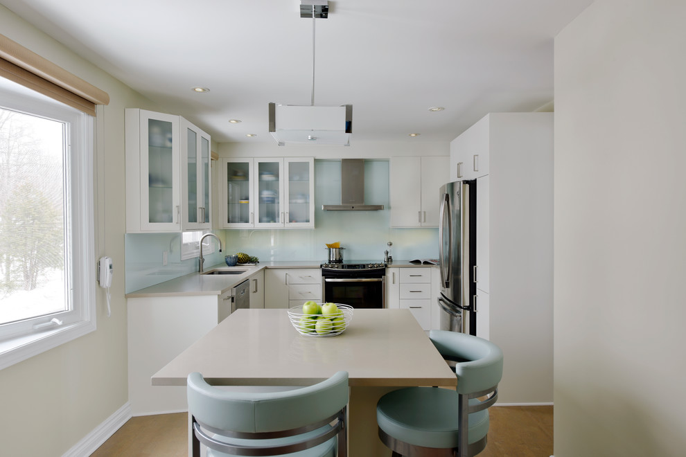 Mid-sized transitional u-shaped cork floor enclosed kitchen photo in Ottawa with an undermount sink, flat-panel cabinets, white cabinets, quartz countertops, blue backsplash, glass sheet backsplash, stainless steel appliances and an island