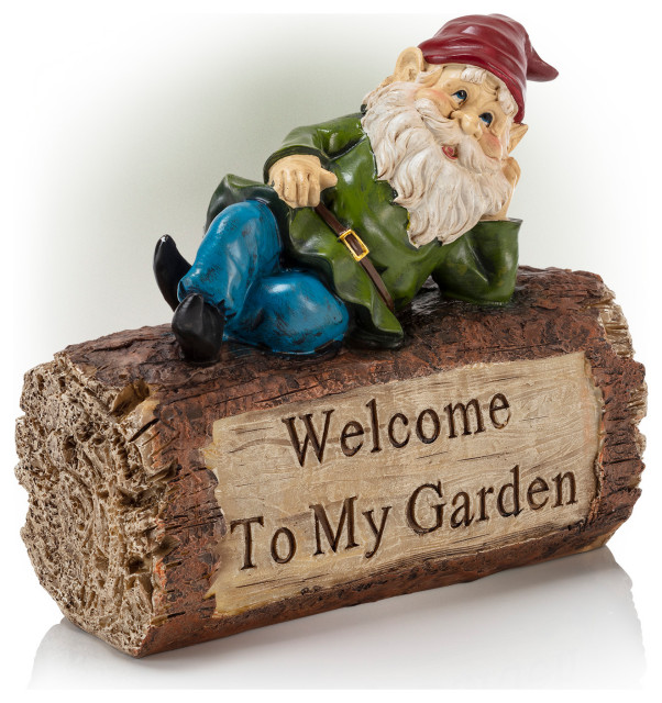 Napco Gnome with Birds and Welcome Sign Distressed Brown 13 inch Resin Stone Figurine 
