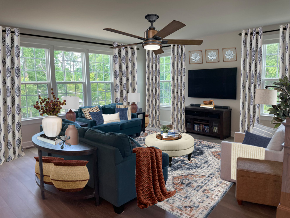 Immagine di un soggiorno country di medie dimensioni e aperto con pareti grigie, pavimento in legno massello medio e TV a parete