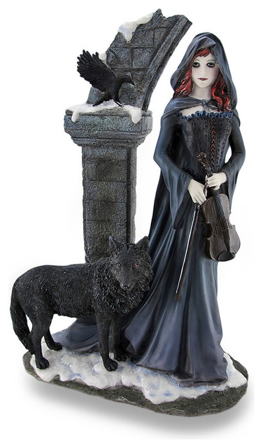 Cloaked Violinist In Archway w/Wolf and Crow Statue