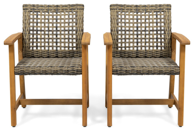 Clementine Outdoor Acacia Wood and Wicker Dining Chair, Set of 2