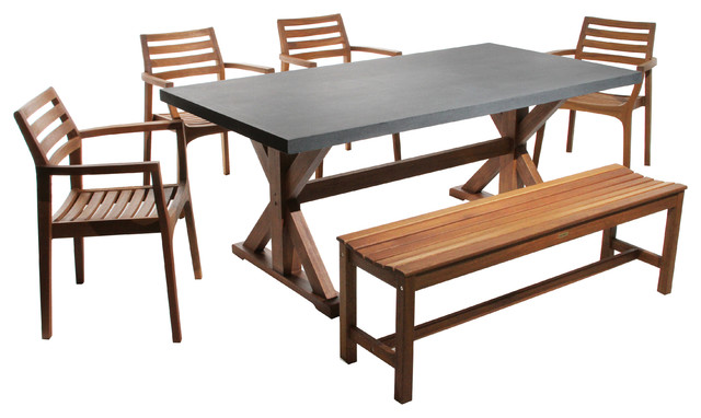 6 Piece Dining Table With Composite Concrete Top Chairs And Backless Bench