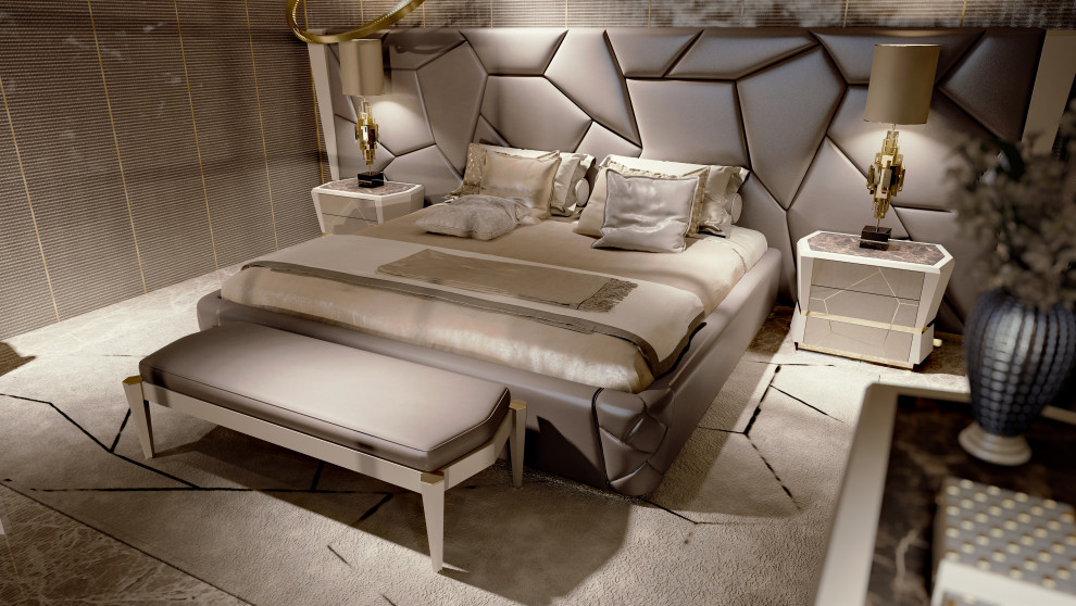 Esempio di una grande camera da letto minimal con pareti beige, pavimento in marmo, pavimento marrone e boiserie