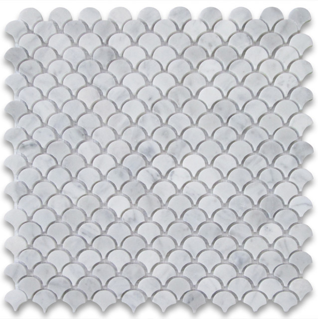 12 X12 Carrara White Mini Fish Scale Fan Shaped Mosaic Tile 12 X12 Carrara White Mini Fish Scale Fan Shaped Mosaic Tile Polished Modern Wall And Floor By Stone Center