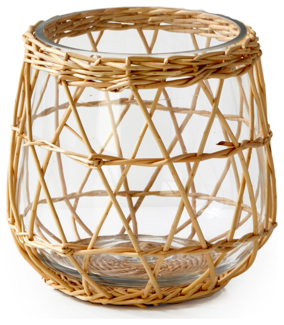 Serene Spaces Living Handwoven Wicker & Glass Candleholder, Available in 2 Sizes