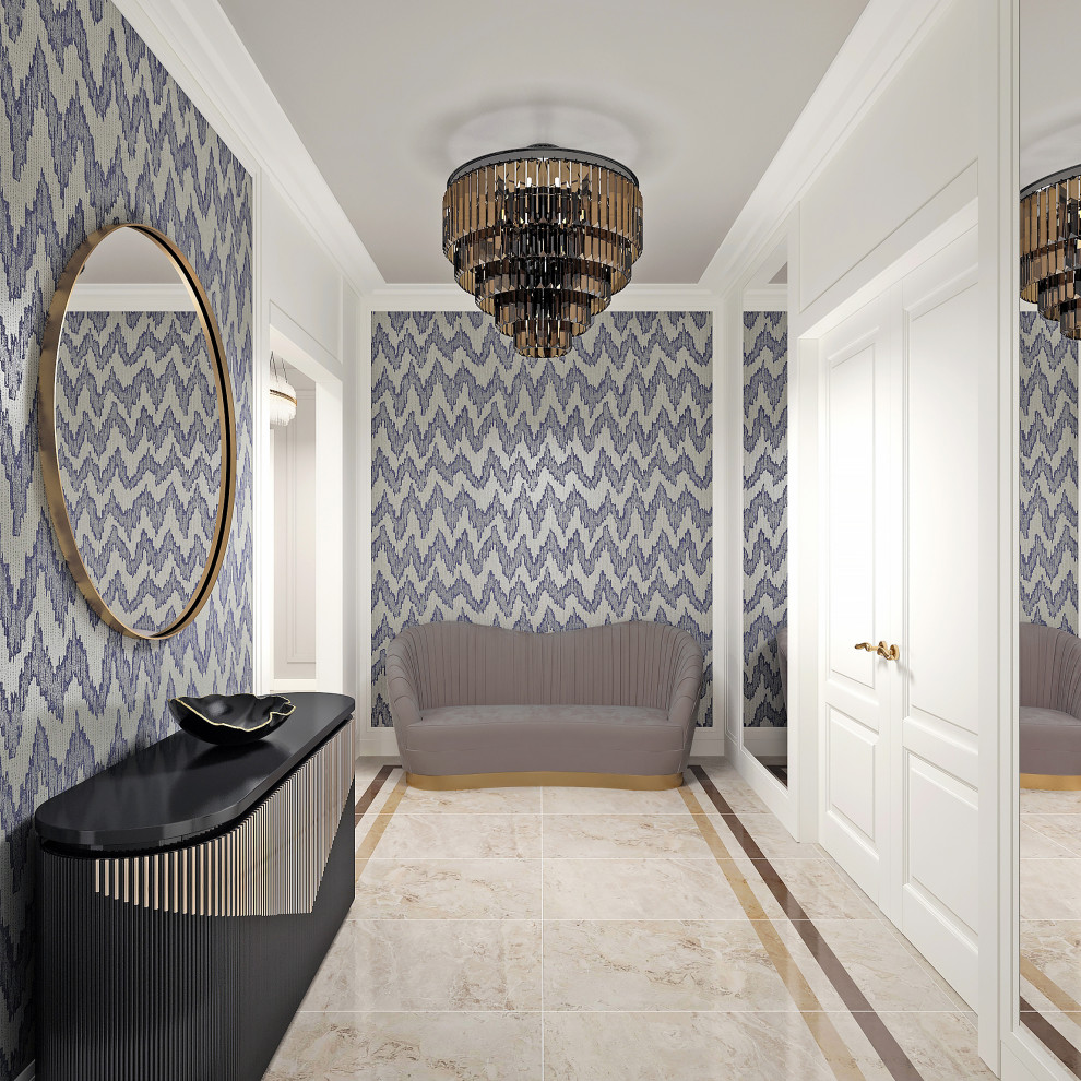 Photo of a medium sized classic foyer in Moscow with blue walls, porcelain flooring, a single front door, a white front door, beige floors, all types of ceiling and wallpapered walls.