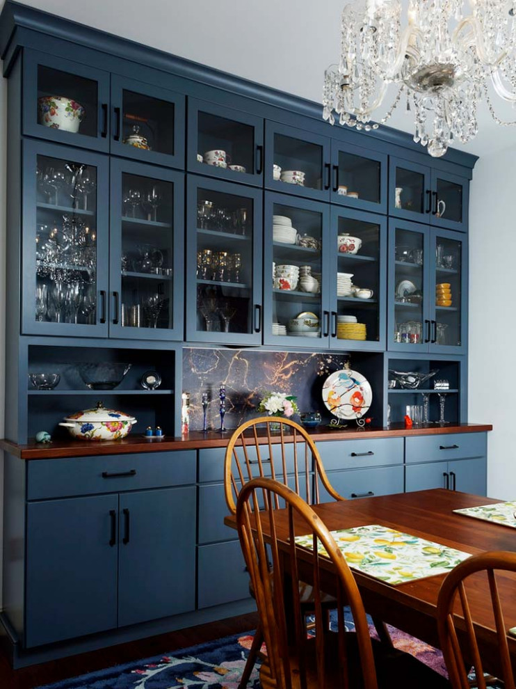 Expansive classic galley kitchen/diner in Philadelphia with a submerged sink, flat-panel cabinets, blue cabinets, quartz worktops, white splashback, stainless steel appliances, an island, brown floors and white worktops.