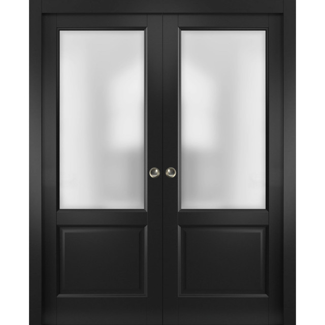 Sliding Double Pocket Doors, Lucia 22 Black Frosted Glass, Rails, 64