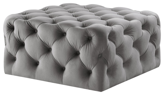 Lewis Square Cocktail Ottoman, Allover Tufted, Castered Legs, Velvet, Gray