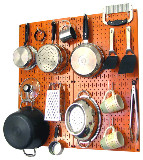 Kitchen Pegboard Organizer Pots and Pans, Orange Pegboard and White