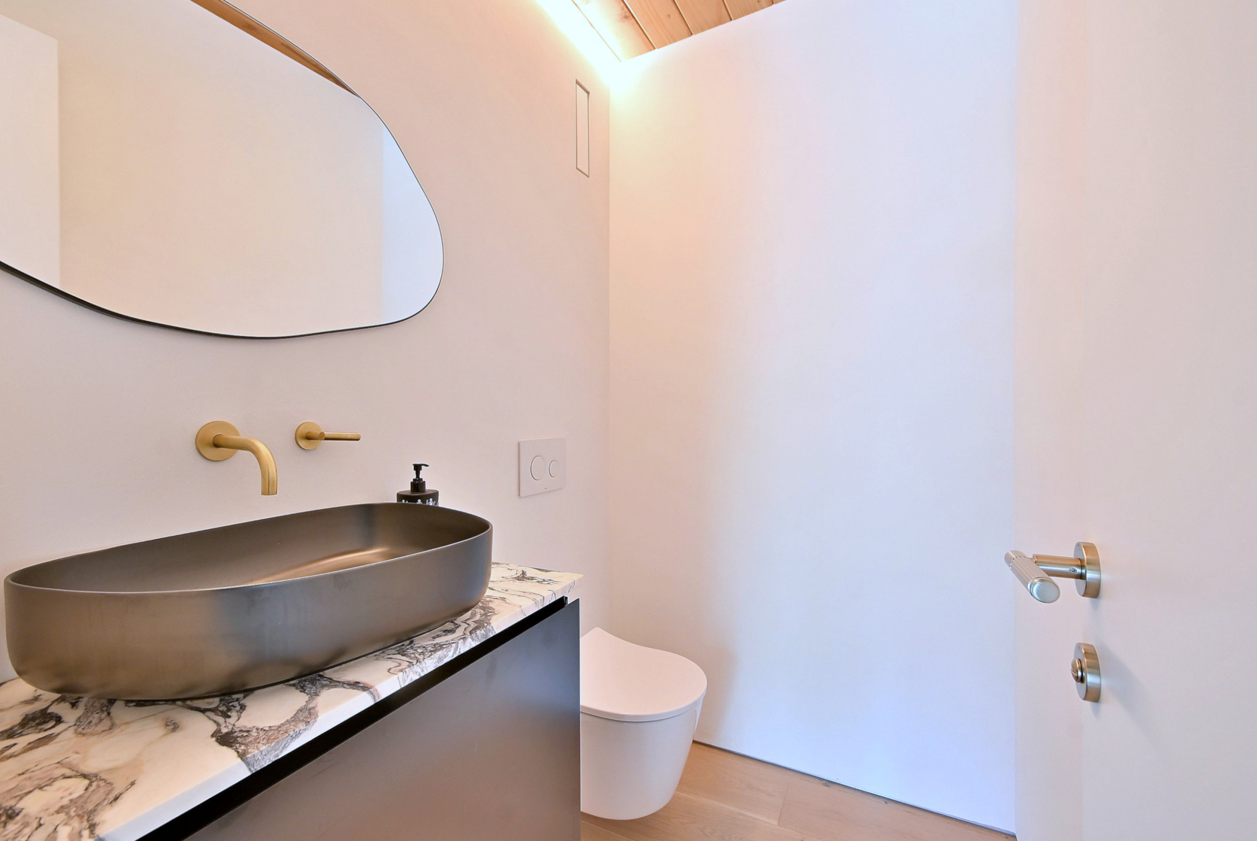 Mid-Century Modern Powder Room with Wood Ceiling