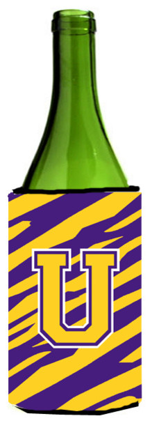 Monogram, Tiger Stripe, Purple Gold Initial U Wine Bottle Koozie Hugger
