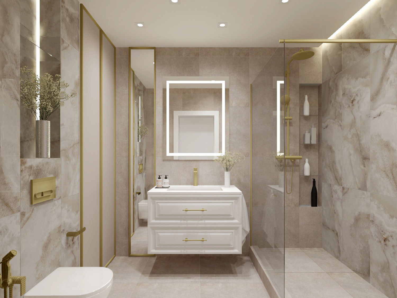 Санузел с просторной душевой в интерьере 2-х комнатной квартиры.