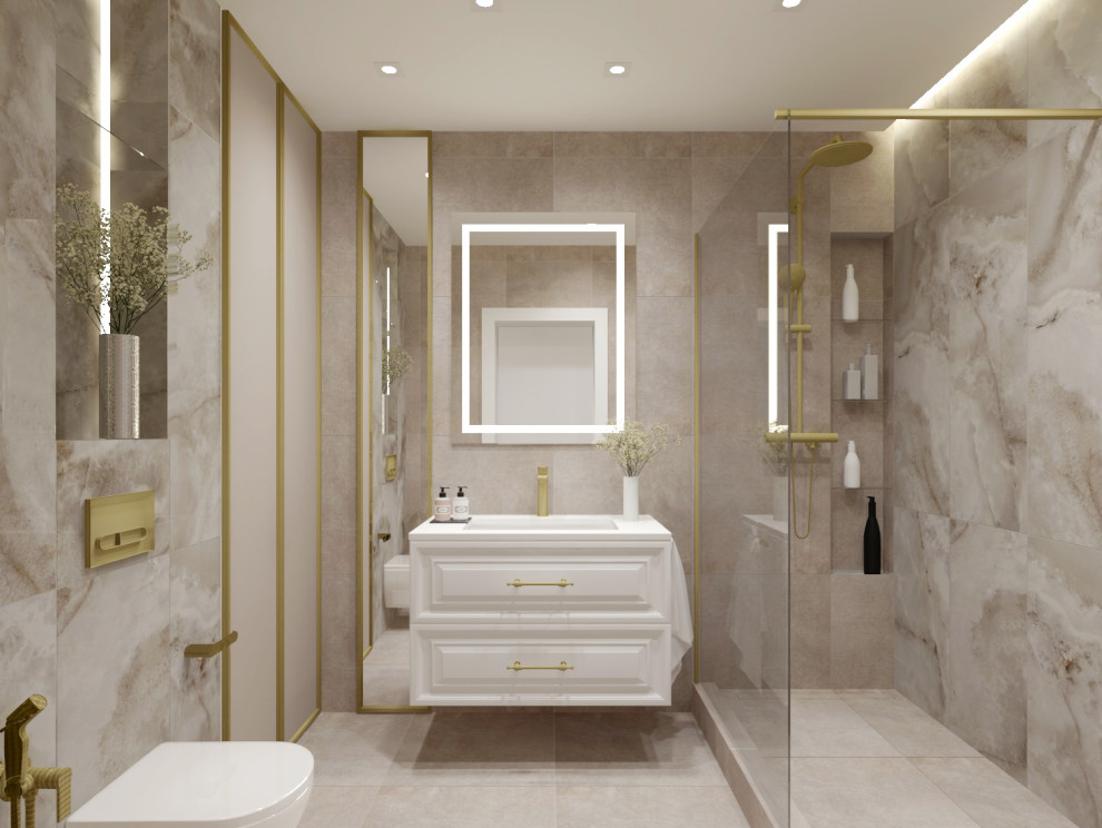 Санузел с просторной душевой в интерьере 2-х комнатной квартиры.