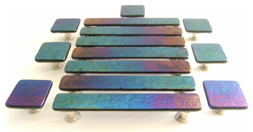 Rainbow iridescent art glass knobs and pulls in shimmering fused glass.